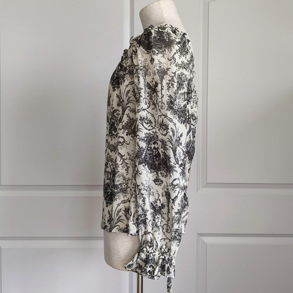 PAIGE Blouse 100% Silk Semi-Sheer Long Sleeves Toile Print Black Parchment S NWT - Picture 12 of 16